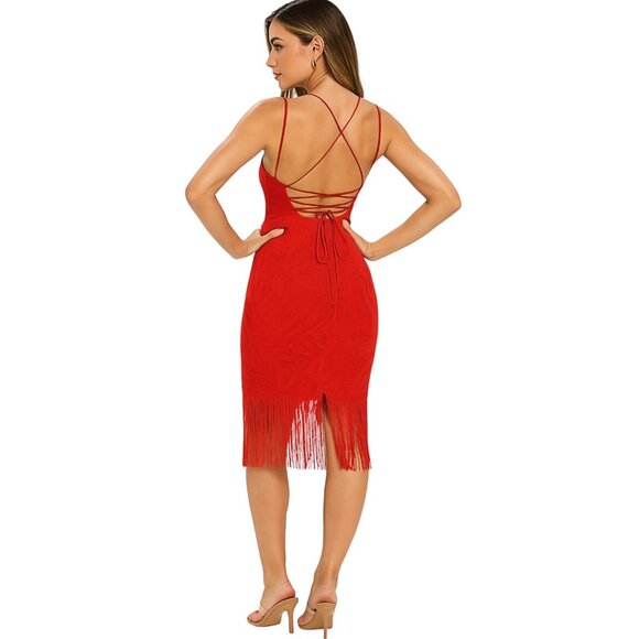 Stunning Fringe Hem Lace Spaghetti Cross Strap Lace Up Backless Bodycon Dress S - Picture 3 of 8